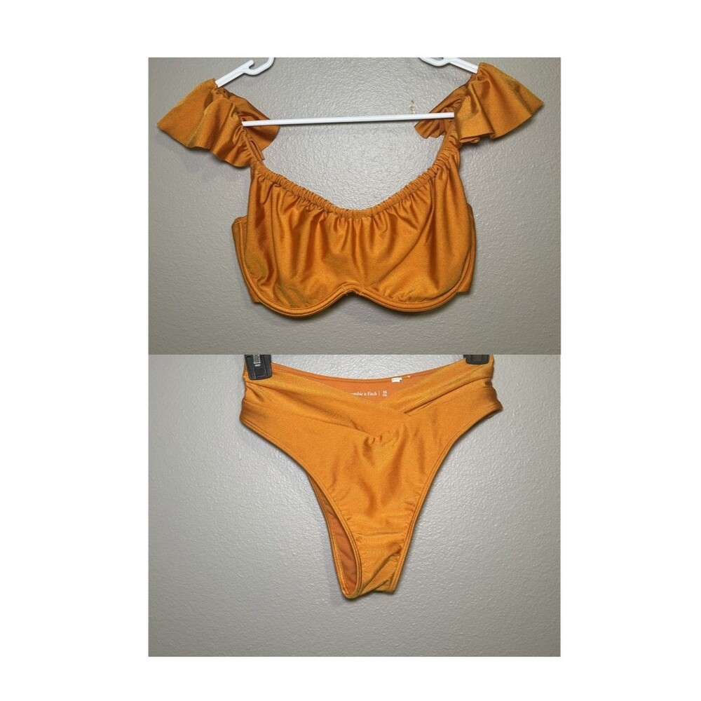 Abercrombie & Fitch Curve Love Satin Orange Ruffle Strap Bikini Set Women’s XS
